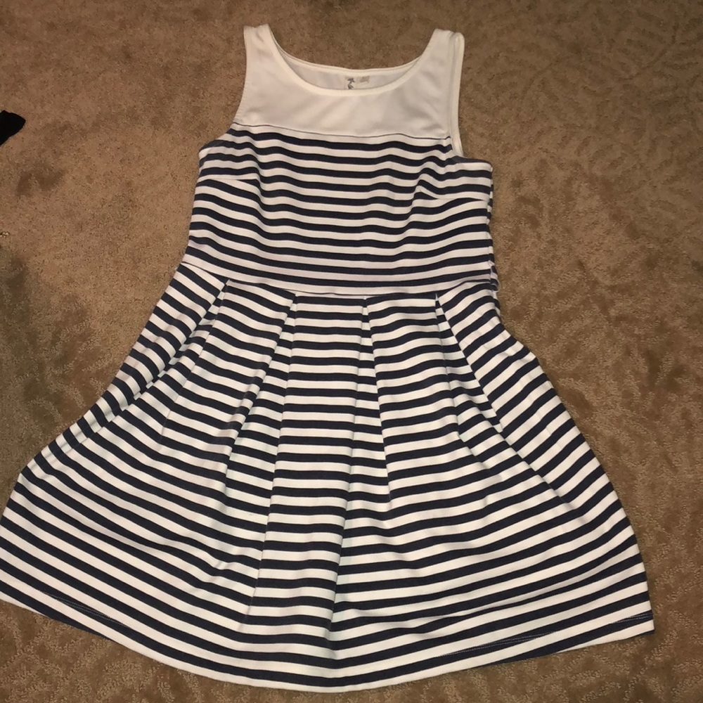 White and navy striped fit and flare dress